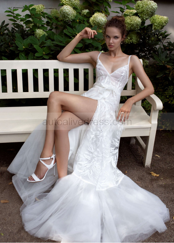 Ivory Wrapped Lace Tulle Slit Wedding Dress